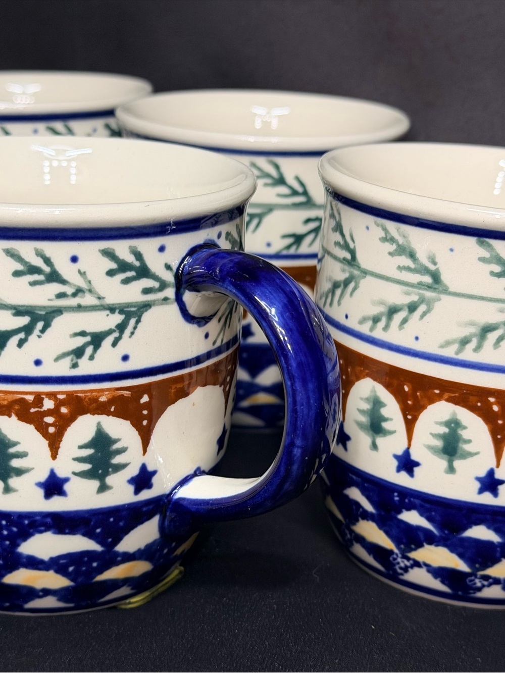 Polish Pottery Mugs set of 6 with Blue Handles and Festive Tree Pattern - Picture 5 of 10